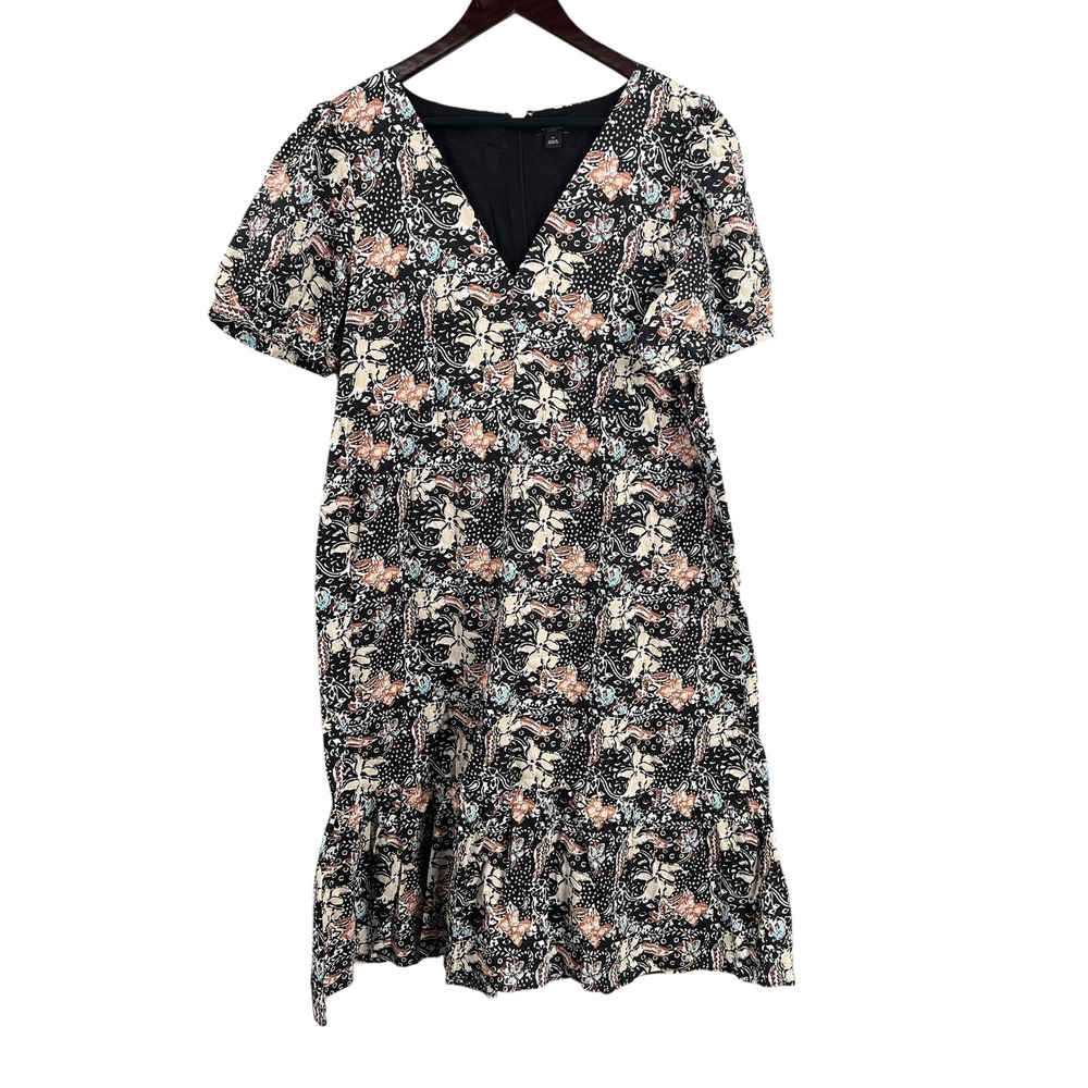 Ann Taylor Black Floral Print Dress V Neck Short Puff Sleeve Casual Midi Size 14